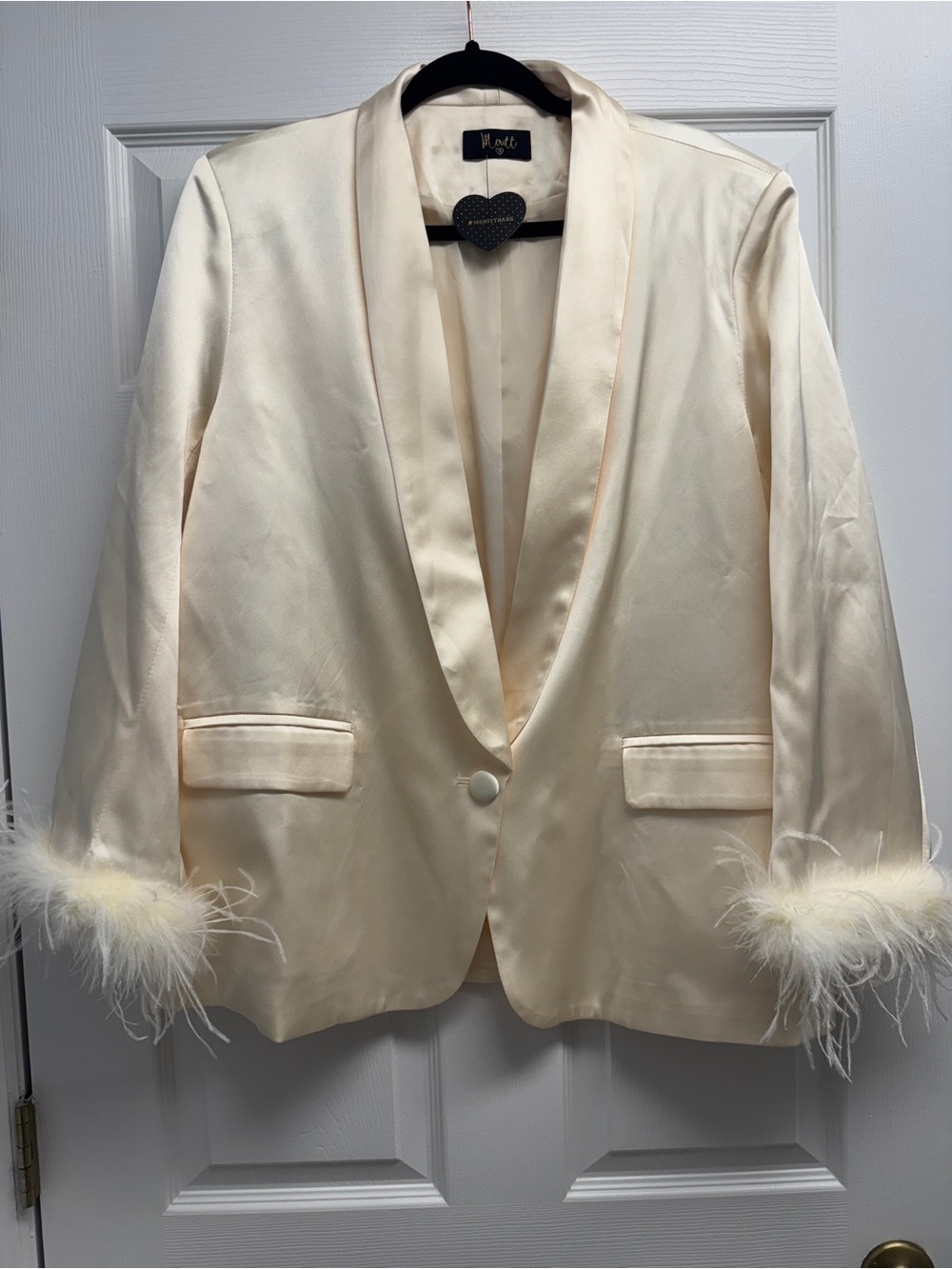 Ivory Satin Blazer with Feather Cuffs
